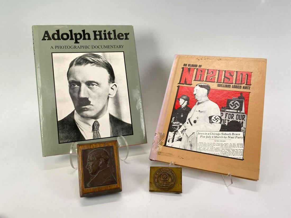 Collection of 4 Adolf Hitler and 3rd Reich Items: Collection of 4 Adolf Hitler and 3rd Reich Items, includes 2 books; An Album of Nazism by William Loren Katz, and Adolf Hitler: A Photographic Documentary, 1 Nazi emblem belt buckle, and 1 wood Hitler