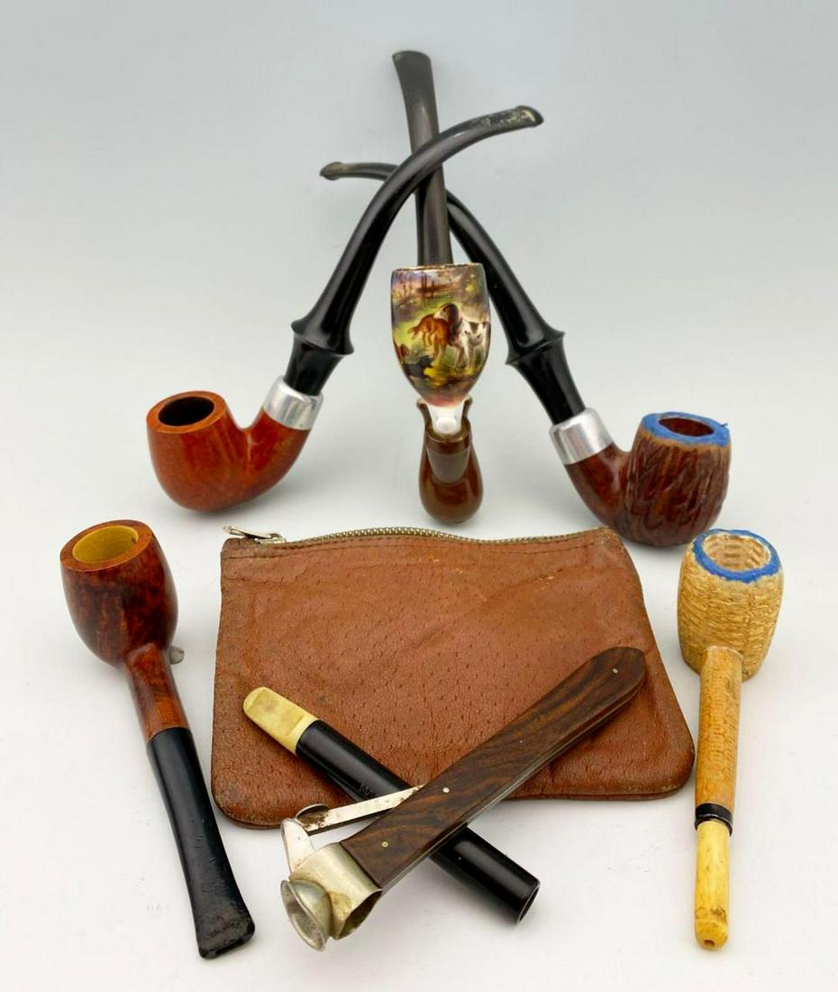Collection of Vintage Tobacciana, Including Pipes and: Vintage Smoking Collection Consisting of Porcelain Hunting Dog Scene Bowl, Working 1930s German Cigar Cutter, Cigarette Holder Japan 1950s with Carved Bone Mouth pice. Two Wellington Hooked Pipes, Yel