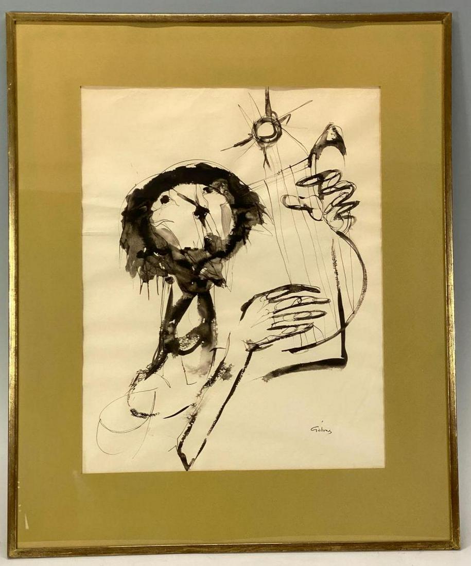 Cristina Galvez, Figure Playing Harp, Ink on Paper: Cristina Galvez Painting, Person Playing Harp, Signed, Approximately 27.25" x .5" x 32.75" Site 18.5" x 23.5"