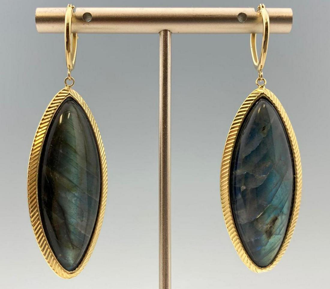 Vincenzo 14k Gold Marquise Labradorite Doublet Drop: Vincenzo 14k Gold Marquise Labradorite Doublet Drop Earrings, 13.0g, marked "14k Milor Italy", approximately 1.75 x 0.75 x 0.25 inches. ALL CREDIT CARDS WILL BE MANUALLY VERIFIED PRIOR TO SHIPMENT.