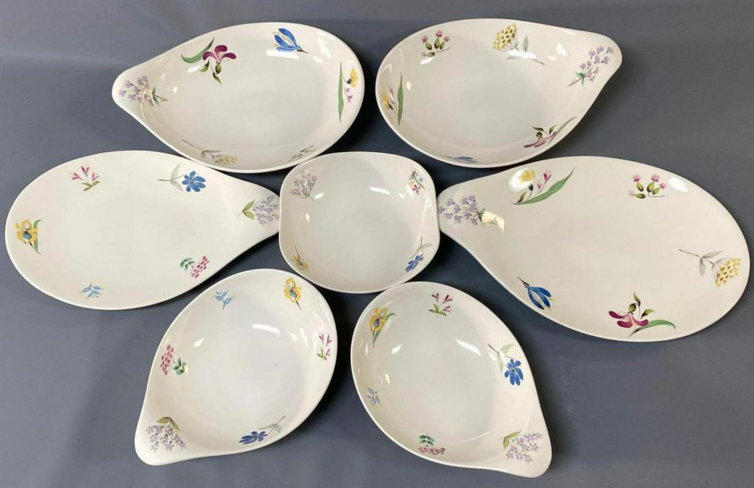 Lot of 7 Eva Zeisel for Hallcraft Serving Pieces,: 7 Hallcraft Eva Zeisel Serving Dishes in Bouquet Floral Pattern. Collection includes platters, and Bowls. Sizes range from 17.5 in x 11.0625 in x 2 in., 14.5 in x 10.75 in x 4 in., 9.5 in x 2.75. Meas