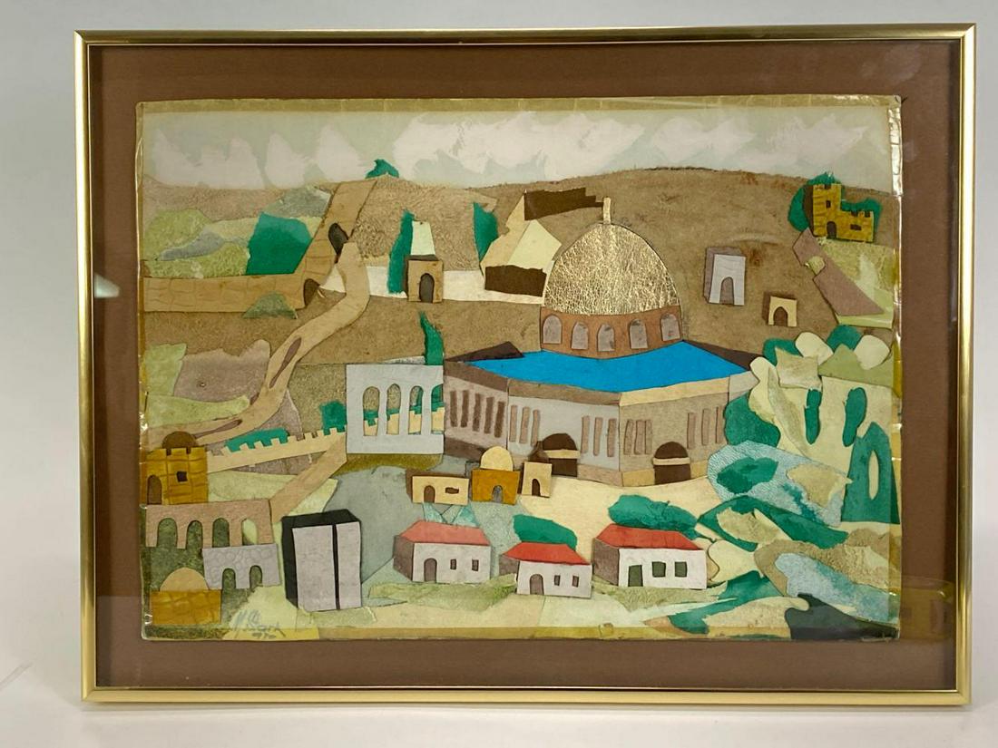 Unusual Leather Collage of a Town Landscape: Suede Cut Artwork of Building and Town. Approximately 16 in x 12 frame , 13.75 in x 9.75 artwork.