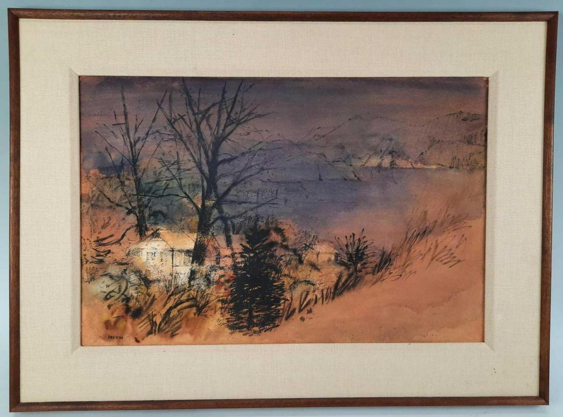 Autumn Dusk, Ned Pankin, Marin California Landscape: Ned Pankin Watercolor "Autumn Dusk". Featuring House on Hilside Overlooking Water. Singed Pankin. Frame 28.5 in x 21.5 in., site 21.75 in x 14.25 in.