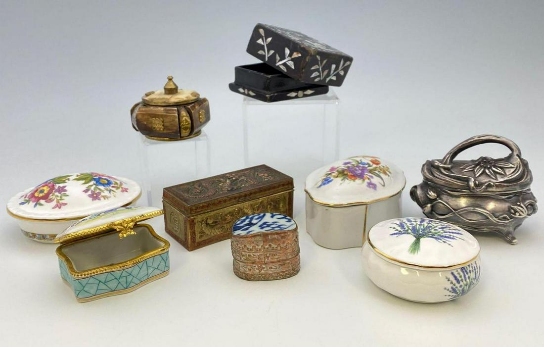 Lot of Antique and Vintage Trinket and Snuff Boxes: Antique & Vintage Decorative Boxes, from England, Japan, Hungary, and France, smallest 1.1875 x 1.5625 x 1.1825 inches, largest 3.875 x 2.625 x 1.75 inches.