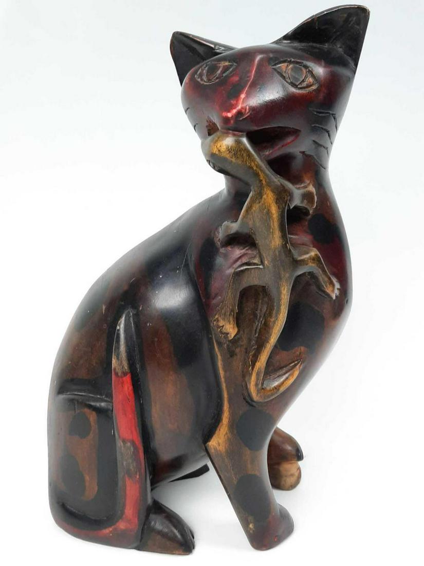 Folk Art Wooden Carved Cat and Gecko Sculpture, (1 of 10)