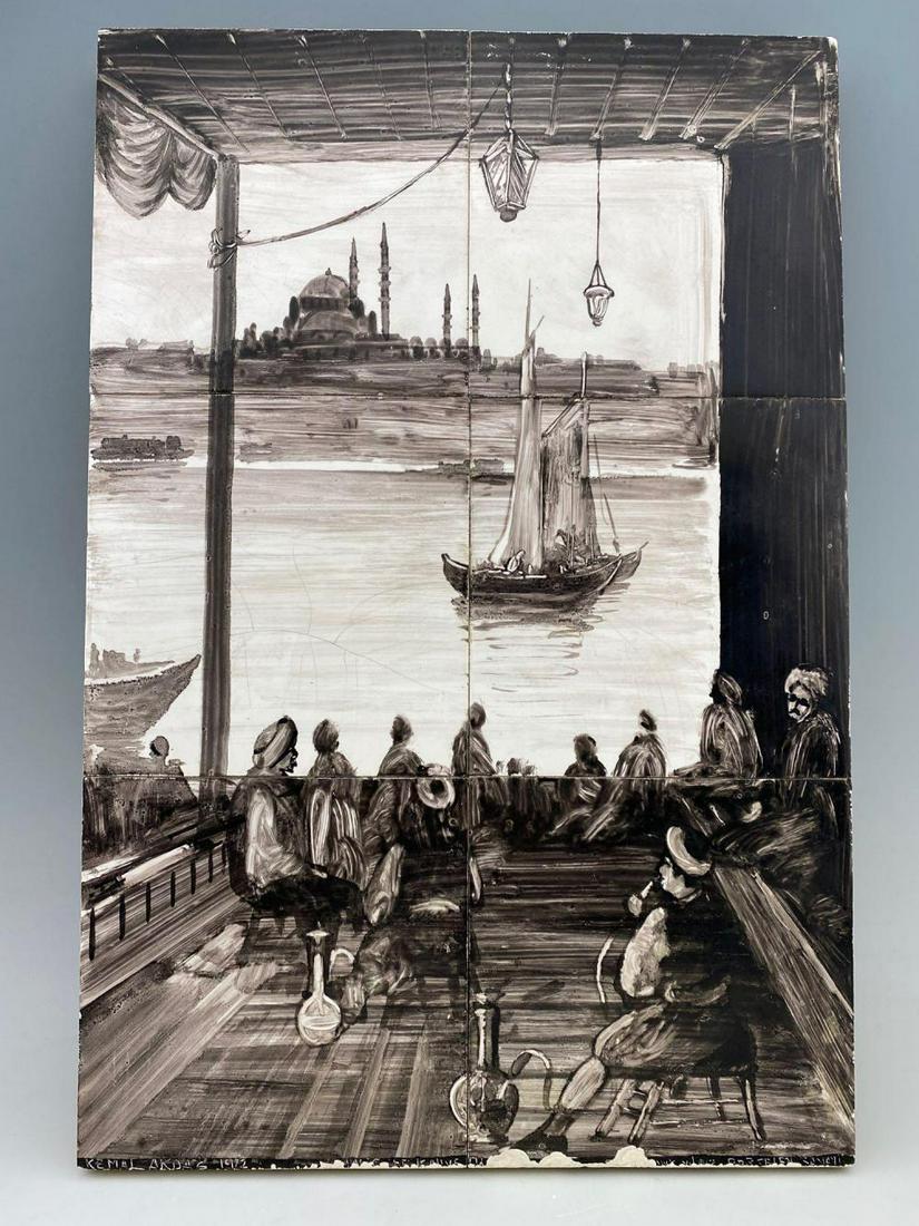 Hand Painted Turkish Tile Mosaic of a Waterfront Scene (1 of 6)