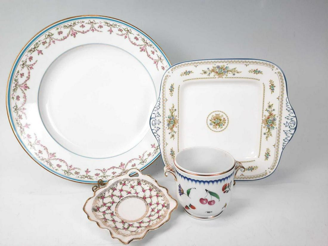 Lot of Four European Porcelain Pieces: 4 Pieces of White China With Floral Pattern. Includes Large round plate, square plate, sugar holder and candy dish. Markings include imperial crown China Austria, Limoges France, Wedgewood Bone China 