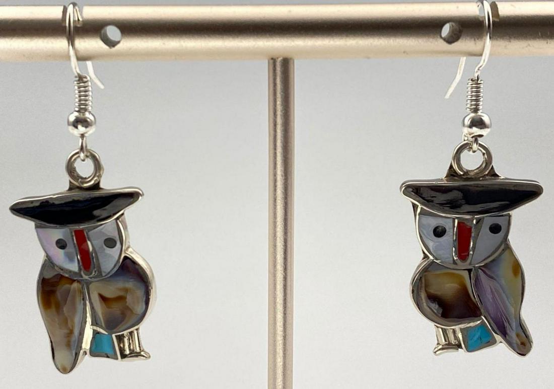 Zuni Owl Earrings with Coral, Onyx, Turquoise: Zuni Owl Earrings with Coral, Onyx, Turquoise by Pitkin Natewa, 4.4g, each 1.625 x 0.625 inches. ALL CREDIT CARDS WILL BE MANUALLY VERIFIED PRIOR TO SHIPMENT.