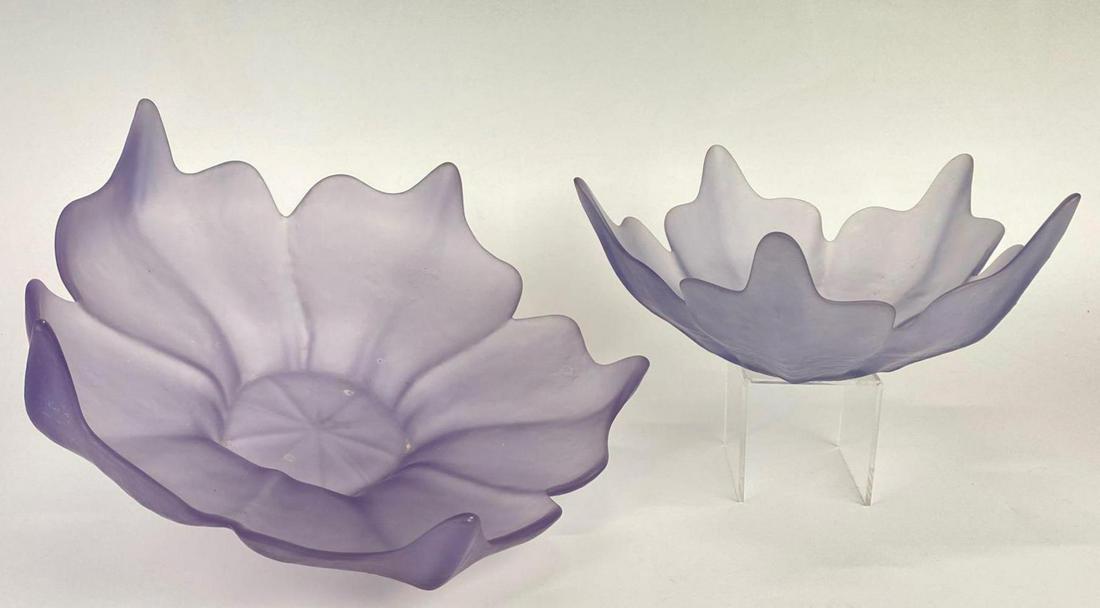 2 Viking Crenated Purple Glass Flower Bowls: 2 Viking Crenated Purple Glass Flower Bowls, one with "Viking Handmade USA" sticker, smaller 10 x 10 4.125 inches, larger 13.125 x 13.125 x 5.1875 inches, measurements are approximate.