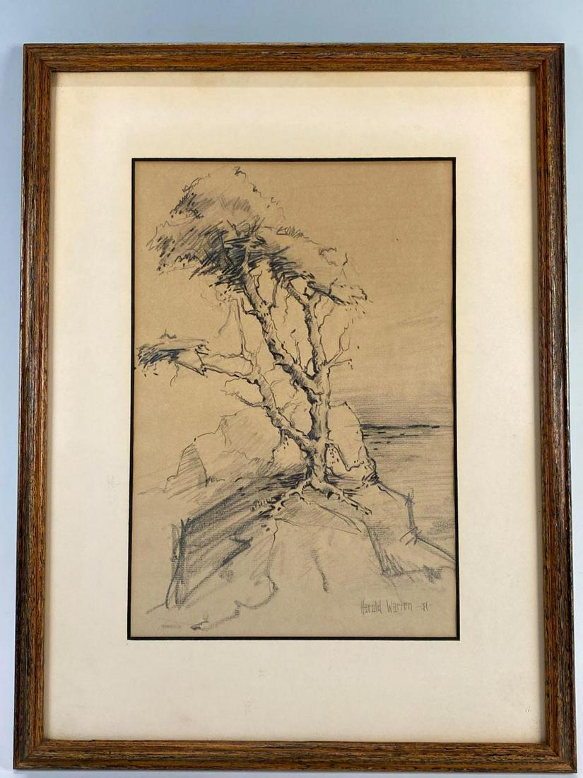 Sea Crags, Harold Warren, Early California Art,: Sea Crags, Harold Warren, Early California Art, Possibly The Lone Cypress, Charcoal on Paper, signed Harold Warren 1931, site 7.75 x 11.5 inches, frame 13.4375 x 17.75 x 0.75 inches, measurements are 