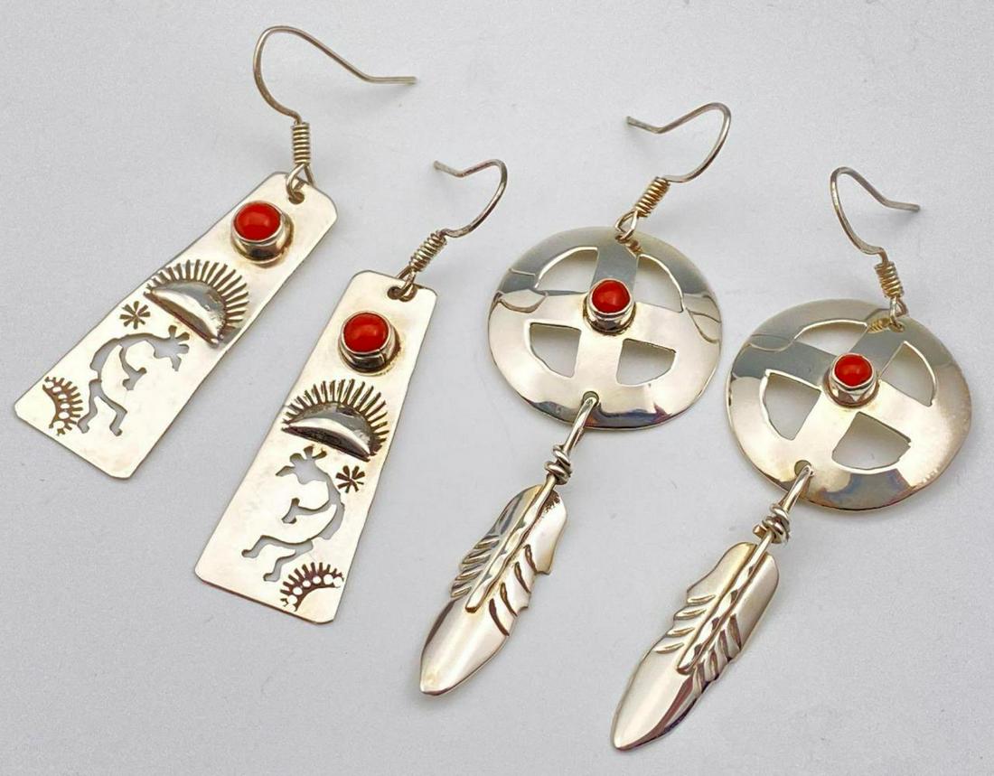 Navajo Sterling Silver and Coral Wheel Cross &: Navajo Sterling Silver and Coral Wheel Cross & Kokopelli Earrings, 6.8g, marked Sterling, stamped JJJ and JW, lengths 1.75-2.375 inches, widths 0.5-0.8125 inches, measurements are approximate.