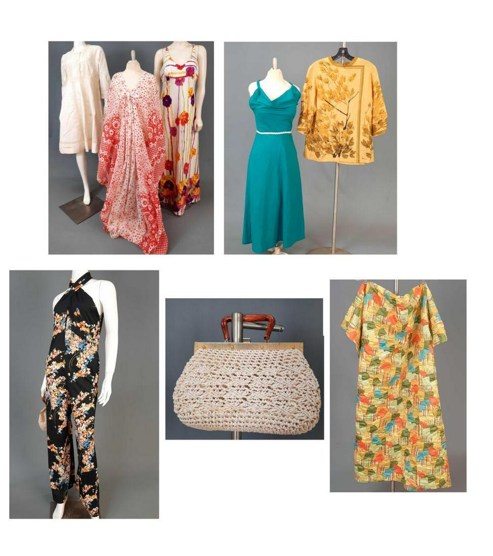 5 Pieces of 60's Clothing and Fabric: 5 Pieces of 60's Clothing and Fabric. Including 3 dresses, a caftan, and a blouse. Teal dress 43.5 in length, 12 in waist,. Blouse 27.25 in length, 15.25 in shoulders, 16 in sleeves, 21 in chest, 20.7