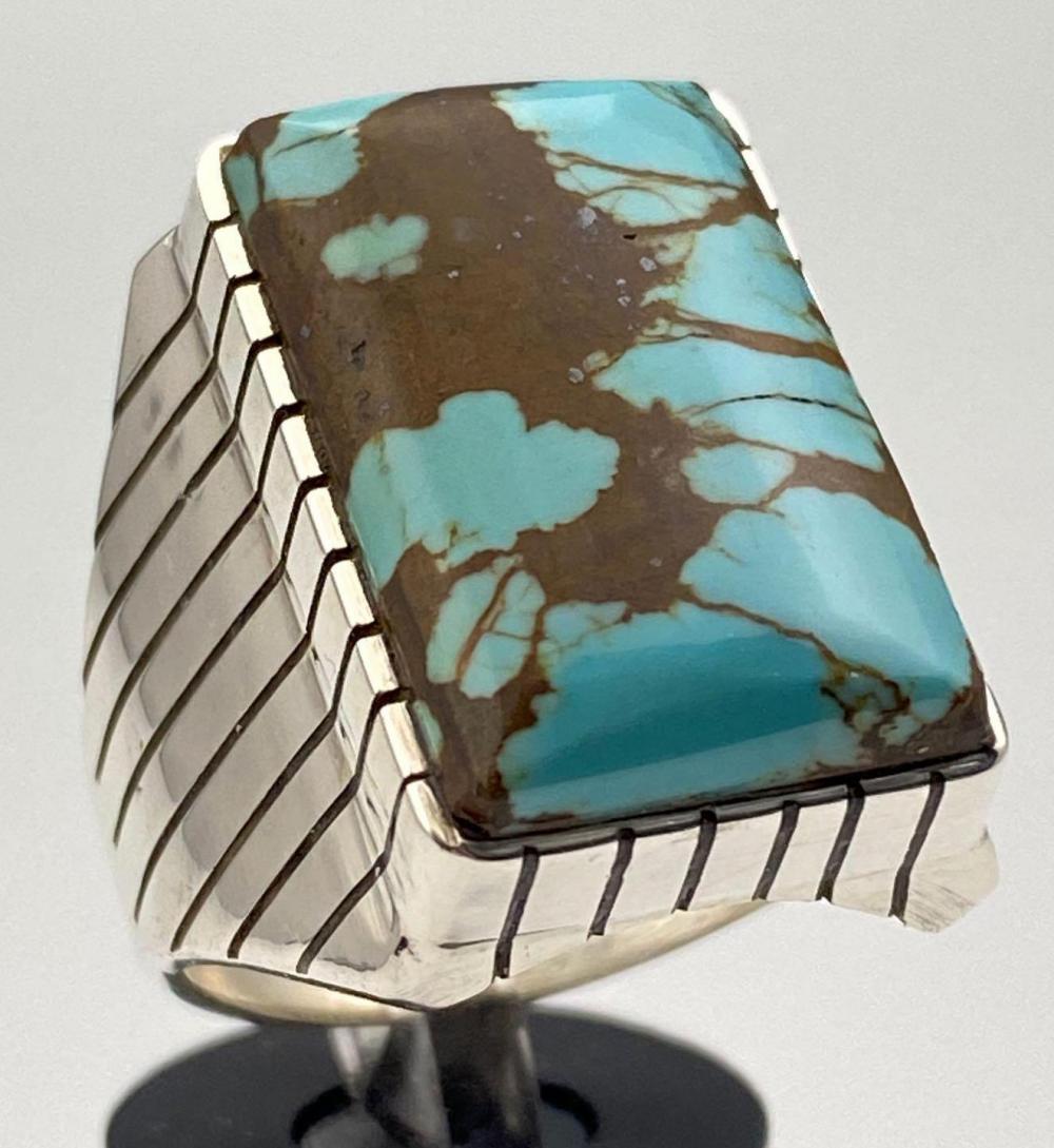 Navajo Sterling Silver Spiderweb Turquoise Man"™s Ring (1 of 5)