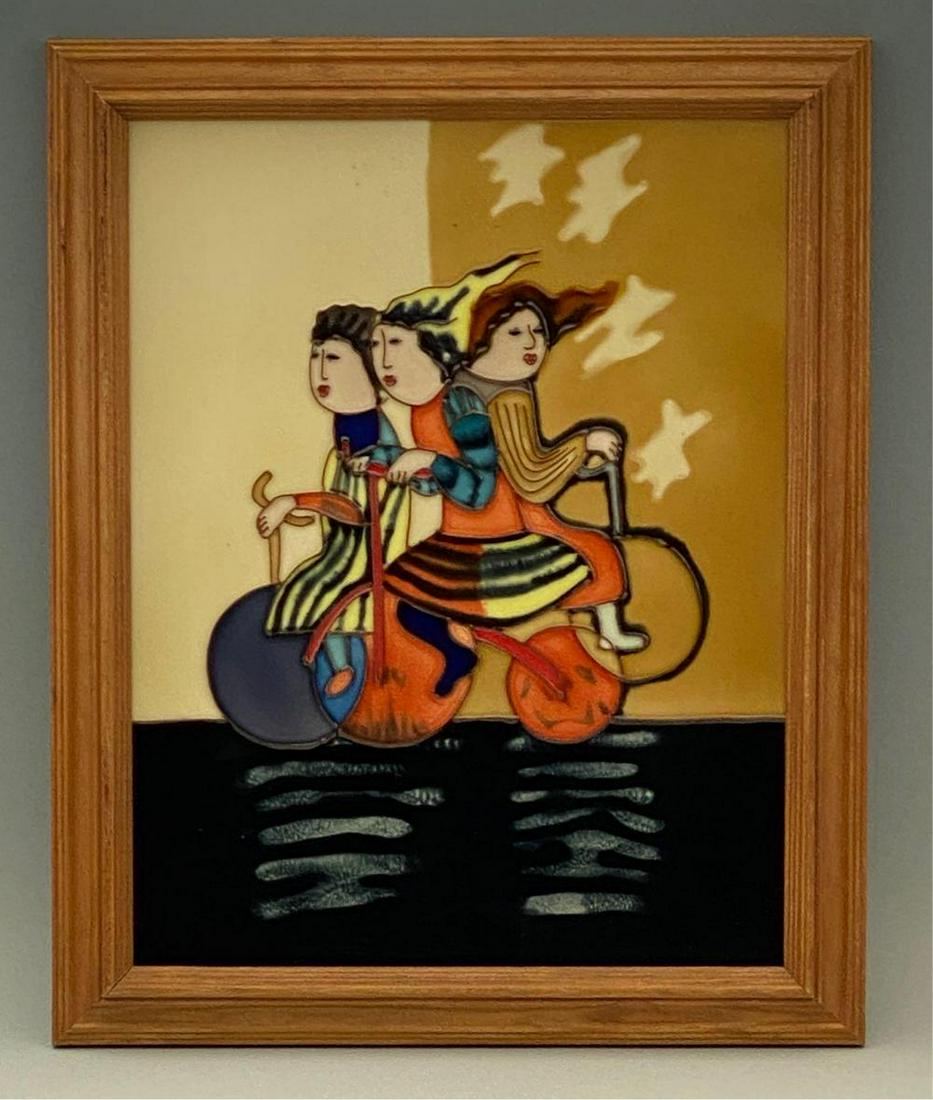 Modernist Enamel Ceramic Plaque, Girls on Bicycle, (1 of 4)