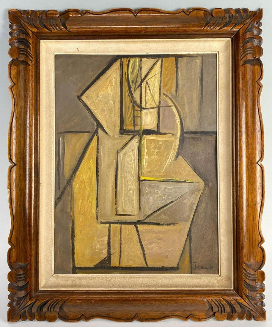 Jean Lacoste, French Cubist School, Abstract Oil on: Jean Lacoste, French Cubist School, Abstract Oil Painting on Board, site 15.125 x 11.25 inches, frame 17.375 x 21.25 x 1.5 inches, measurements are approximate.