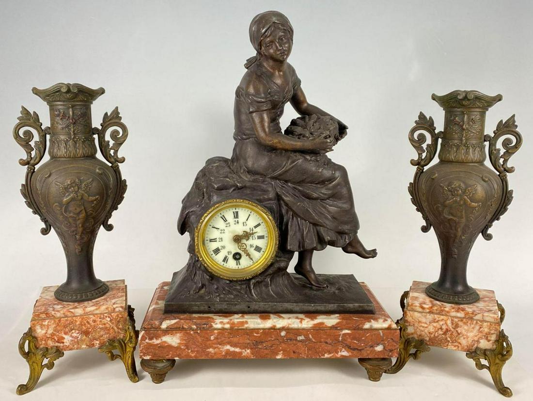 Antique Bronze Figural Clock and Pair of Garniture Urns (1 of 12)