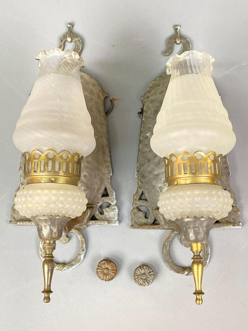 Pair of Hammered Metal and Frosted Glass Wall Sconces (1 of 8)