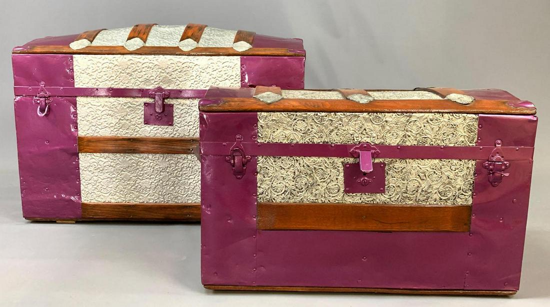 Two Updated Antique Trunks with Removable Inner Trays: Two Antique Updated Trunks with Removable Inner Trays. Approximately 32 in x 21.5 in x 17.5 in, 26.375 in x 16.75 in x 14 in.