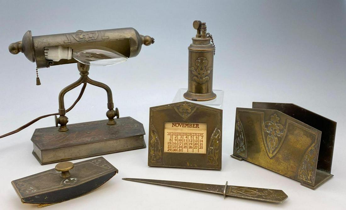 Silvercrest Arts and Crafts Bronze Desk Set, Including: 5 Piece Silver Crest Real Bronze Desk Set, includes desk lamp, letter opener, file holder, small calendar, and more, stamped"Silver Crest, Real Bronze", smallest 4.5625 x 2.375 x 1.5 inches, largest 7