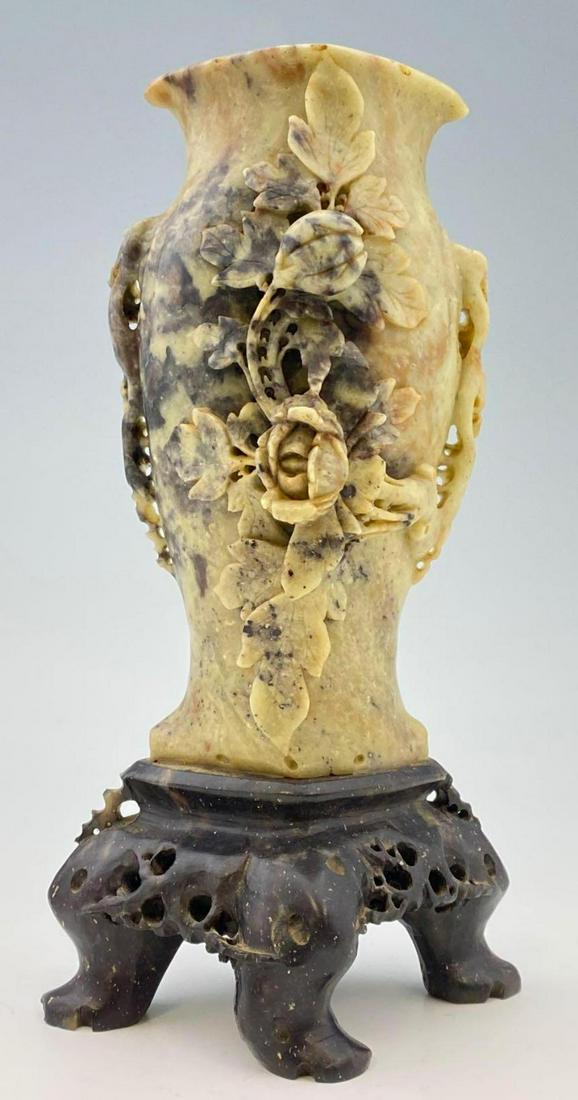 Chinese Carved Soapstone Vase and Stand: Carved Vase, stand attached, approximately 7.9375 x 2.6875 x 4.1875 inches