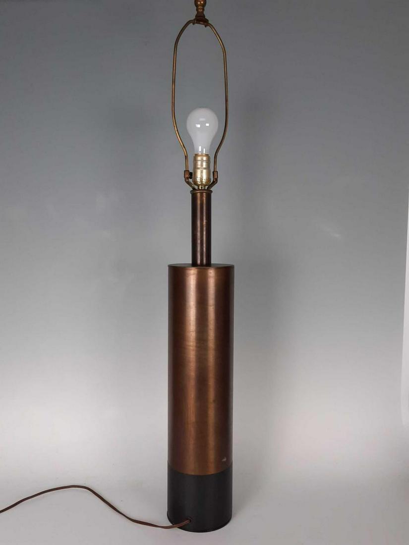 Mid Century Modern Bronze and Leather Table Lamp,: Mid Century Modern Bronze and Leather Table Lamp, Manner of Jacques Adnet and Kovacs. Approximately 38.5 in x 5.25 in including final.