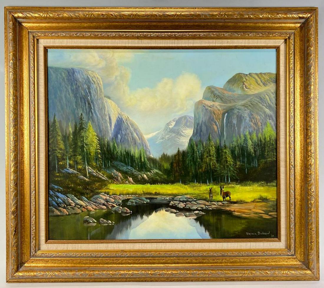 Yosemite Landscape, Virginia Disbrow, Santa Cruz: Yosemite Landscape, Virginia Disbrow, Santa Cruz California Artist Framed Yosemite Mountain & Forest Landscape, signed "Virginia Disbrow "85", site 19.5 x 23.5 inches, frame 27.9375 x 31.9375 x 1.875