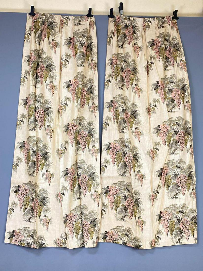 Pair of Tropical Hawaiian Rayon or Silk Curtains: Pair of Curtains, approximately 82 x 39 (width at bottom) inches