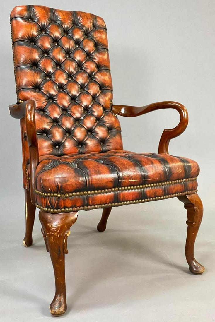Antique Queen Anne Tufted Leather Chair (1 of 9)