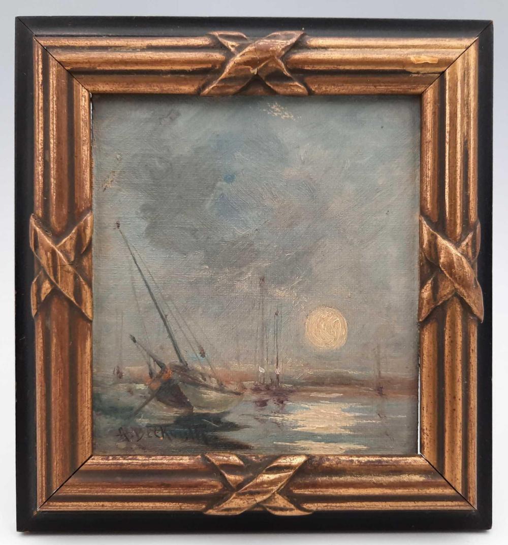 Arthur Beckwith, San Francisco Dock Seascape, Oil on: Arthur Beckwith, San Francisco Dock Seascape, Oil on Canvas Small Harbor Painting. Signed A Beckwith. Frame 6.25 in x 5.875 in, Canvas 4 in x 4.5 in. Measurements are approximate.