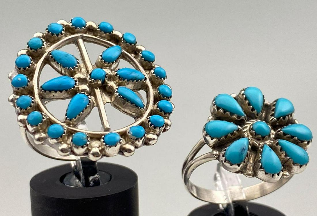 2 Zuni Sterling Flower Rings with Bezel Set Turquoise (1 of 6)