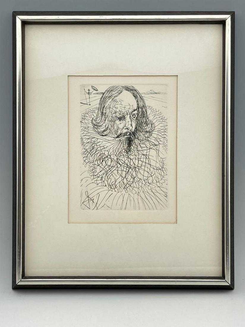 After Salvador Dali, Portrait of Shakespeare, Hand: After Salvador Dali Lithograph of Man, signed, sight 8 x 5.875 inches, frame 15.1875 x 12.1875 x 0.9375 inches, measurements are approximate