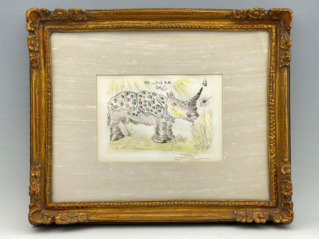After Salvador Dali, Rhino, Lithograph on Paper: After Salvador Dali Lithograph of Rhinoceros, signed Dali, has certificate of authentication by The Collector's Guild, sight 5.4375 x 7.9375 inches, frame 13.25 x 16.25 x 1.8125 inches, measurements a