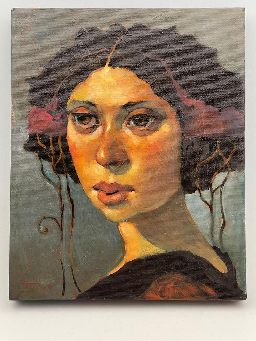 Bruce Telopa, Surrealist Portrait of a Woman, Santa: Bruce Telopa, Portrait of a Woman, Santa Cruz California Contemporary artist, painting in a Modernist Baroque style, with expressionist influence 2008 Telopa Painting of Woman, signed, approximately 9