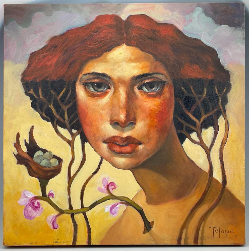 Bruce Telopa, Surrealist Portrait of a Woman, Santa: Bruce Telopa, Portrait of a Woman, Santa Cruz California Contemporary artist, painting in a Modernist Baroque style, with expressionist influence Oil on Canvas "Nest Keeper" 2007 Telopa Painting, sign