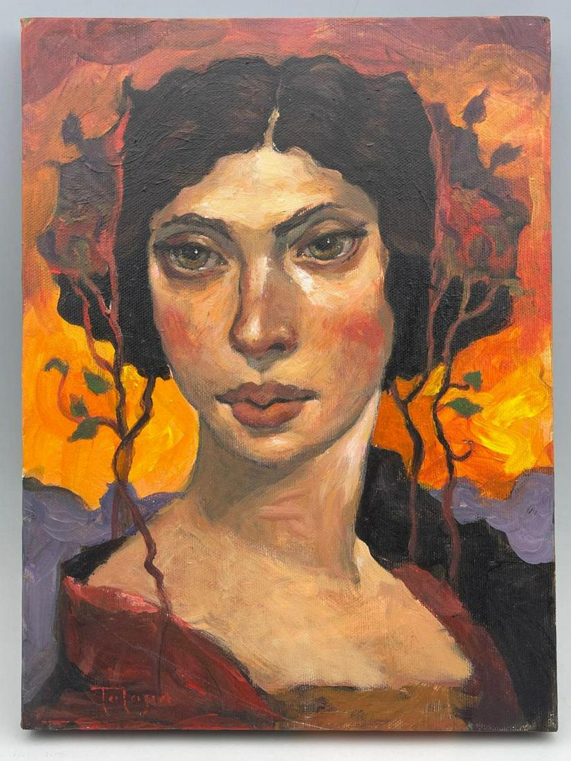 Bruce Telopa, Surrealist Portrait of a Woman, Santa: Bruce Telopa, Portrait of a Woman, Santa Cruz California Contemporary artist, painting in a Modernist Baroque style, with expressionist influence 2007 Telopa Painting of Woman, signed on back. approxi