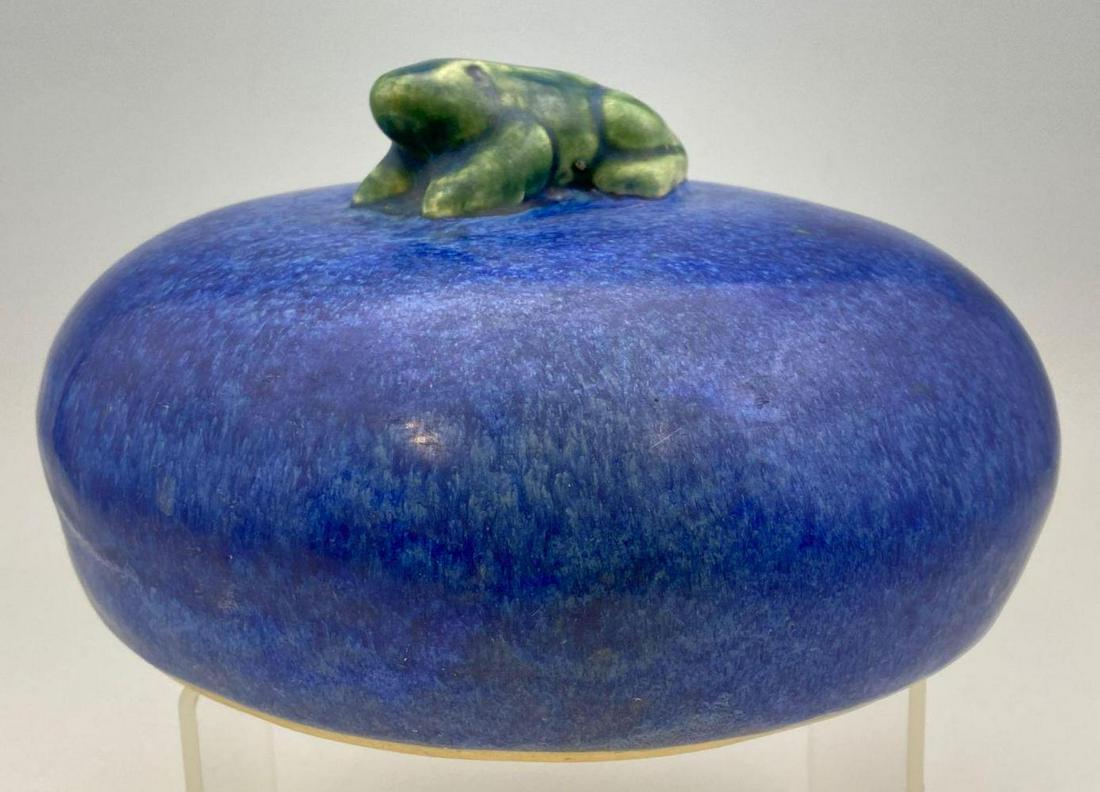 Frog on a Stone Art Pottery Garden Sculpture: Frog on Blue Mound Garden Pottery, approximately 7.375 x 4 inches