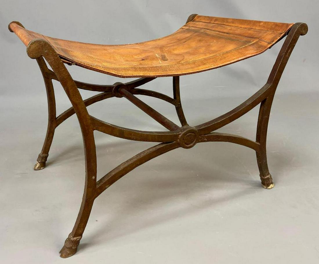 Wrought Iron and Leather Neoclassical Bench, Hoofed (1 of 13)