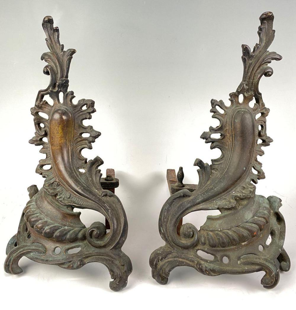 Antique Decorative Andirons: Antique Cast Fireplace Andirons. Approximately 14.5 in x 9.5 in x 16 in.