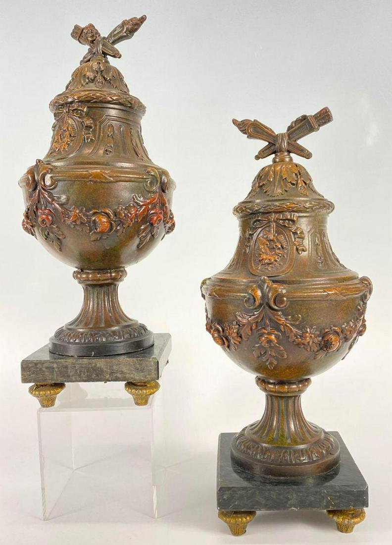 Pair of Antique Bronze Garniture Urns on Marble: Pair of Antique Bronze Garniture Urns on Marble, approximately 5.625 x 13.875 inches