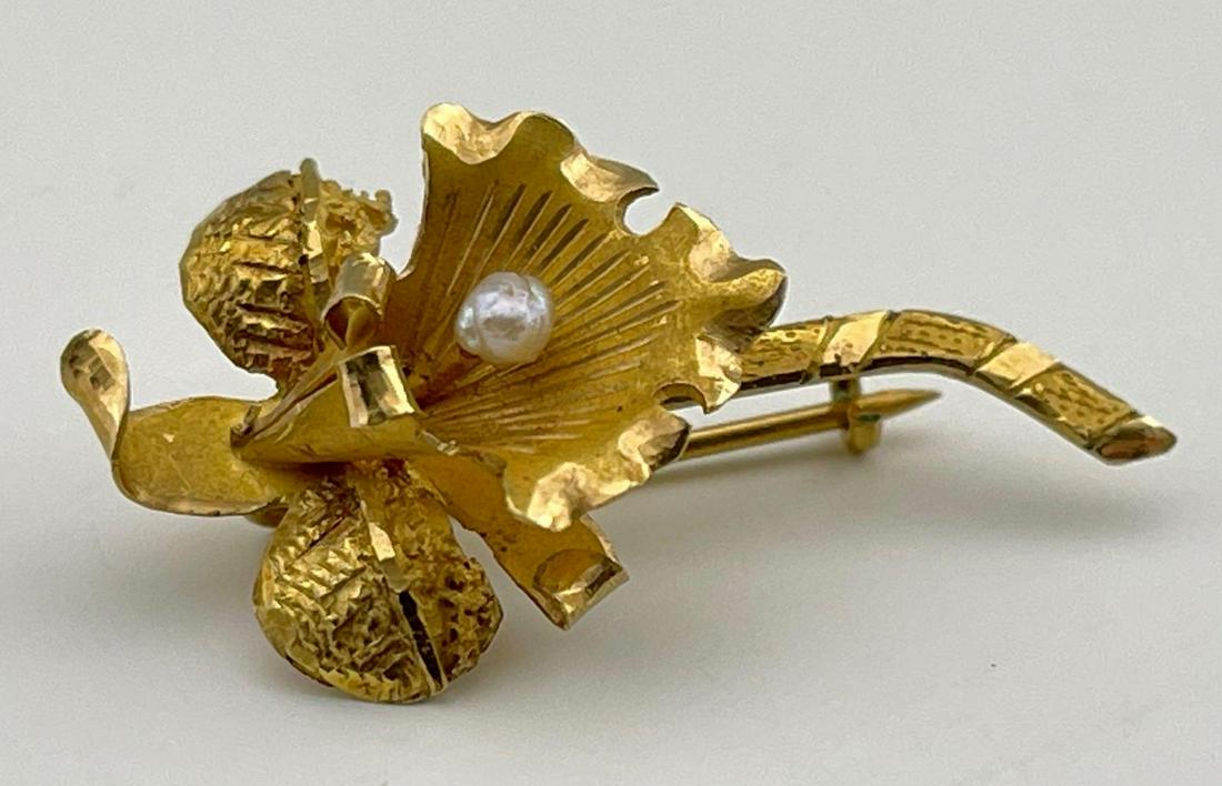 18k Gold Hawaiian Orchid Pin with Pearl, (1 of 7)