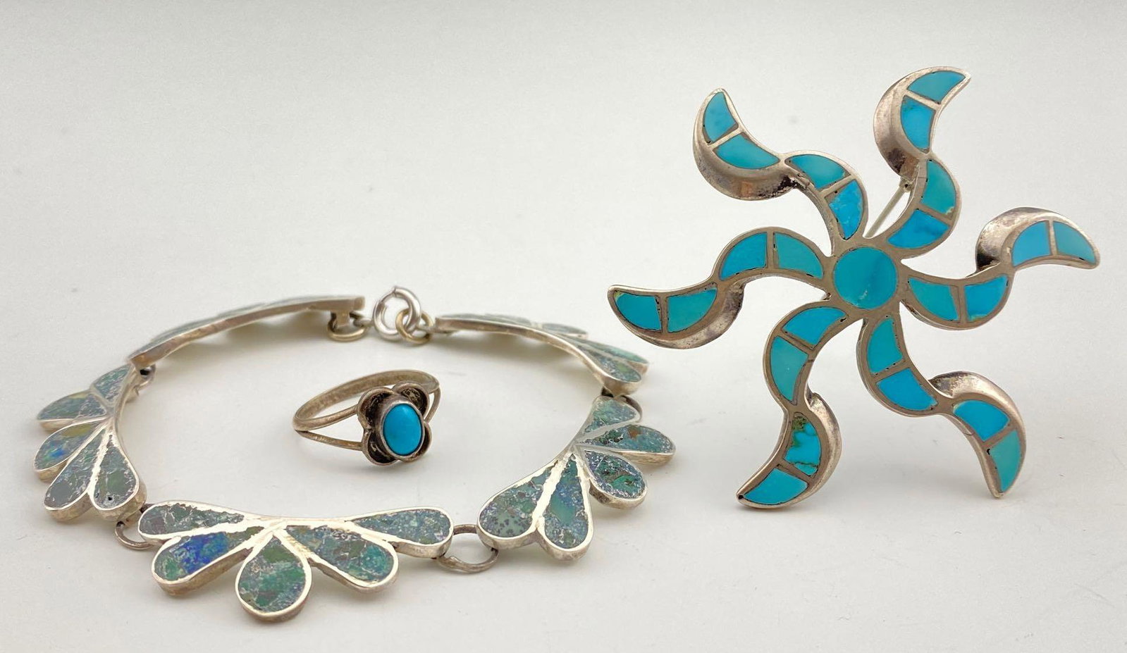 Vintage Native American Turquoise Jewelry: Vintage Native American Turquoise Jewelry, 27.8g, bracelet marked Silver Mexico, pin 2 x 2.25 inches, ring size 6, bracelet length 7.625 inches, width 0.5 inches, measurements are approximate. ALL CRE