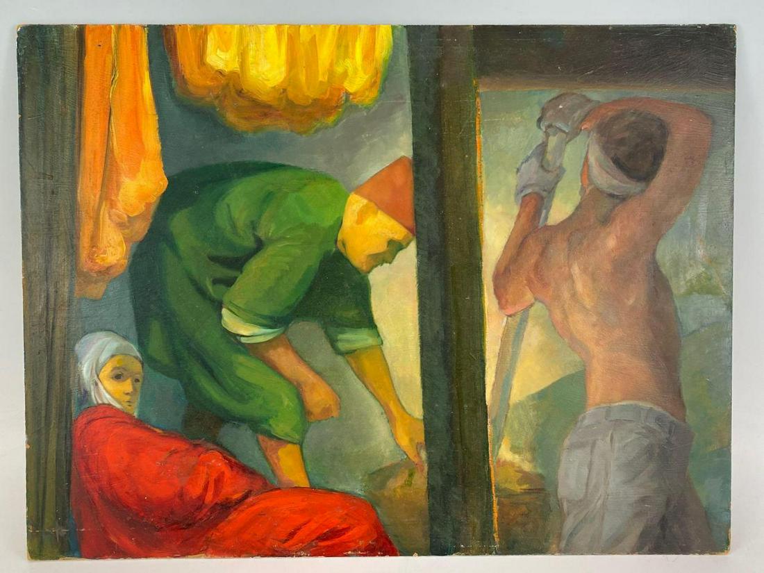 Charles Pulvino, WPA Style Social Realism Painting, Oil: Charles Pulvino, Santa Cruz California, WPA Style Social Realist Painting, Oil on Board, Unsigned. approximately 24 x 18 inches.