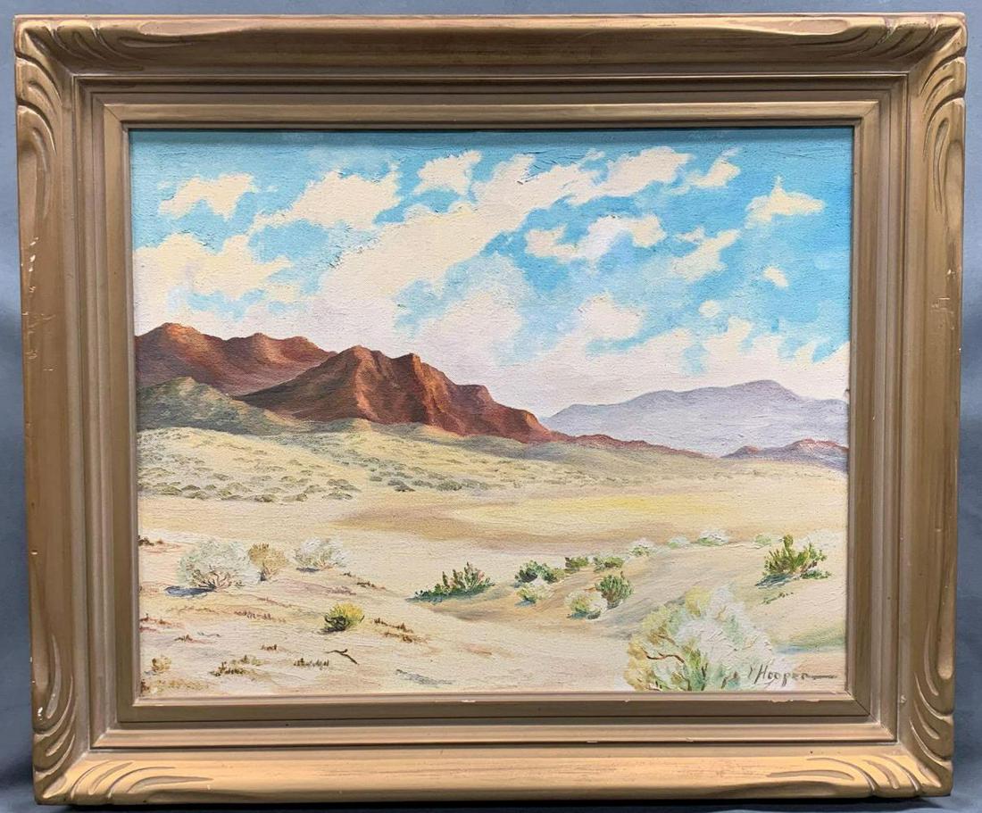 John Carroll Hooper, "Dry Lake, Piute Mountains", Oil: John Carroll Hooper, San Diego, California, Plein Air Impressionist oil on canvas painting titled Dry Lake, Piute Mountains with free form carved frame, signed Hooper. 25.5 x 21.5 x 2 in. Sight 19.5 x