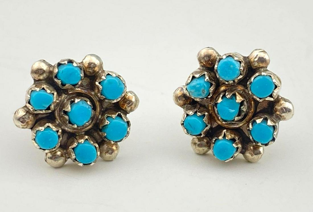 Zuni Sterling Silver Turquoise Flower Earrings By (1 of 5)