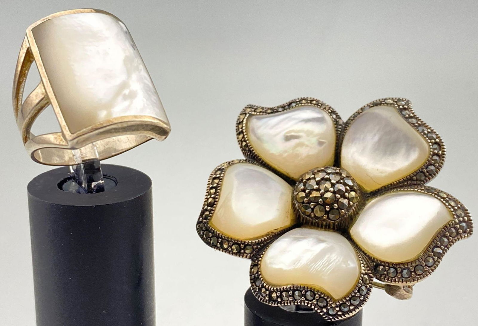 Sterling Silver Mother Of Pearl & Marcasite Pin And (1 of 11)