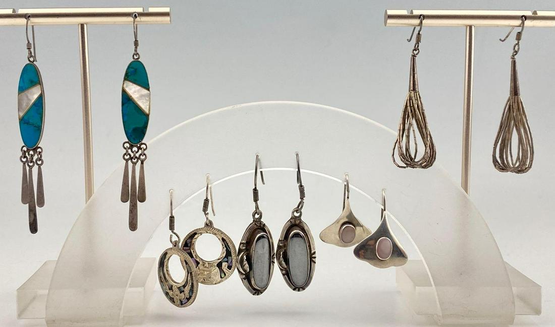 5 Sterling Silver With Semi Precious Stones: 5 Sterling Silver With Semi Precious Stones of turquoise, abalone, and Hematite. 26.6g Each marked 925/ Sterling. 1-2 in long each. Measurements are approximate. ALL CREDIT CARDS WILL BE MANUALLY VER