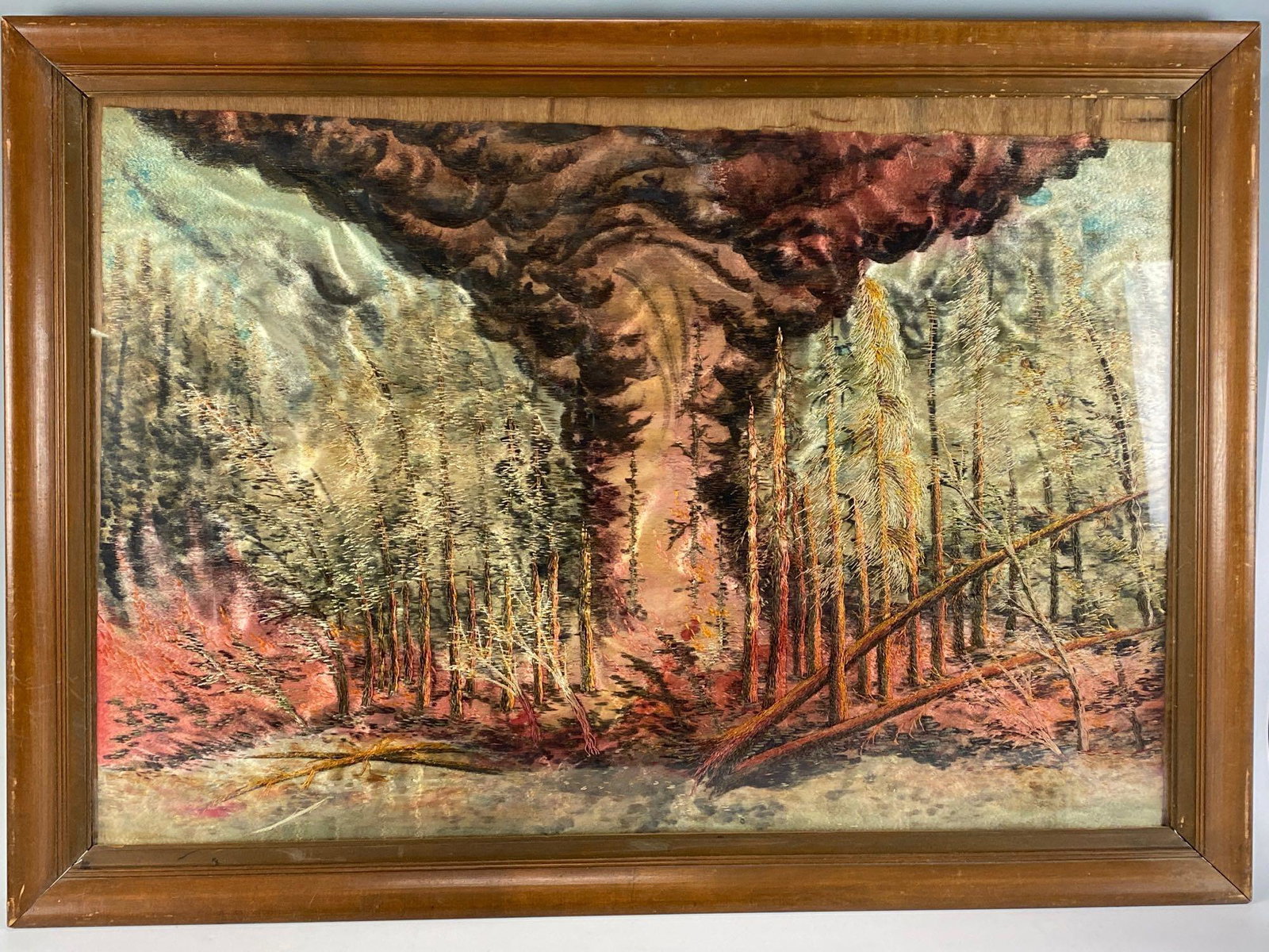 Japanese Silk Embroidery Weaving Of Forest Fire: Japanese Silk Embroidery Weaving of Forest Fire Landscape, Meiji Period. Sight 23.625 x 34.875 inches, frame 28 x 39.125 x 1.5 inches. measurements are approximate.