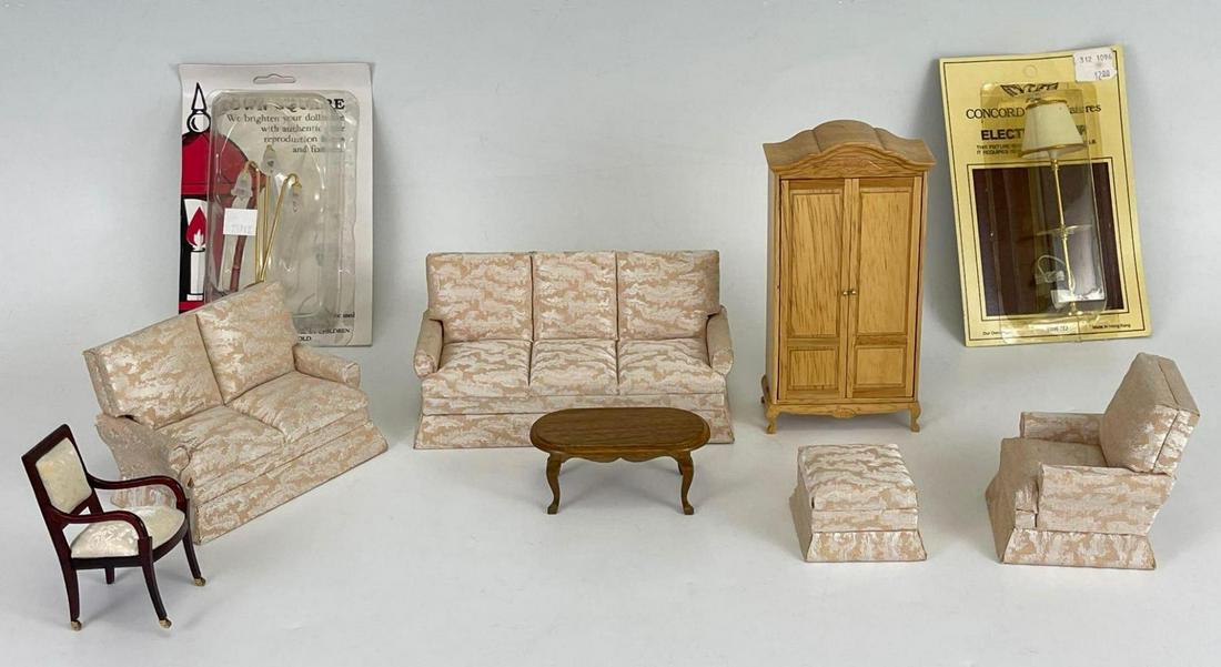 Living room Miniatures: Living room Miniatures including couch, chairs, closet, and lamps in boxes. Large couch approximately 6.75 x 2.75 x 3.25 in tall. Small ottoman 2.25 x 2.25 x 1.5 in tall.