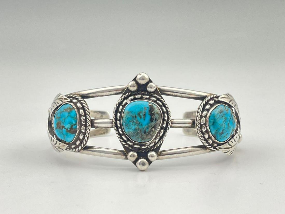 Vintage Navajo Silver Cuff with 3 Bezel Set Turquoise (1 of 4)