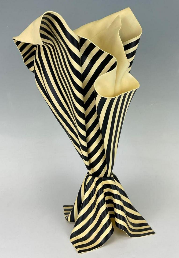 Modernist Striped Abstract Sculpture Or Vase, Signed: 2 Piece Modern Lilly Sculpture. Signed and marked 1991. Larger piece approximately 17.5 x 12 x 11 in. Smaller 9 x 8 x 5.5 in.